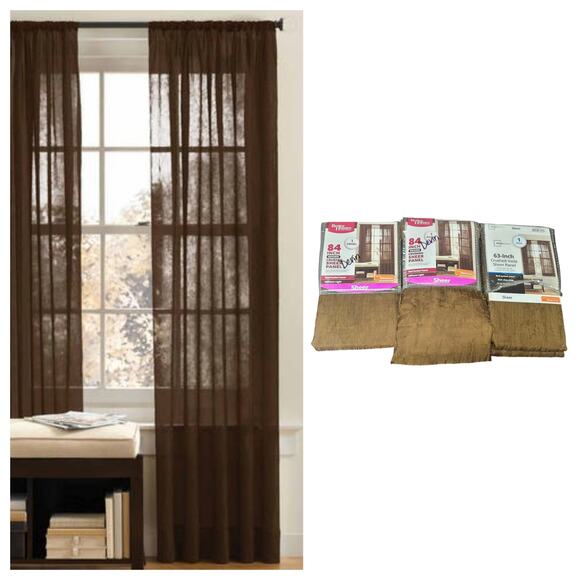 2 Brown Crushed 84" & 1 Voile Sheer 63" Curtain Panel Chocolate Brown - Picture 1 of 12